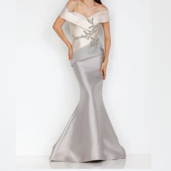 Champagne taupe Mikado off shoulder gown - Picture 1 of 4